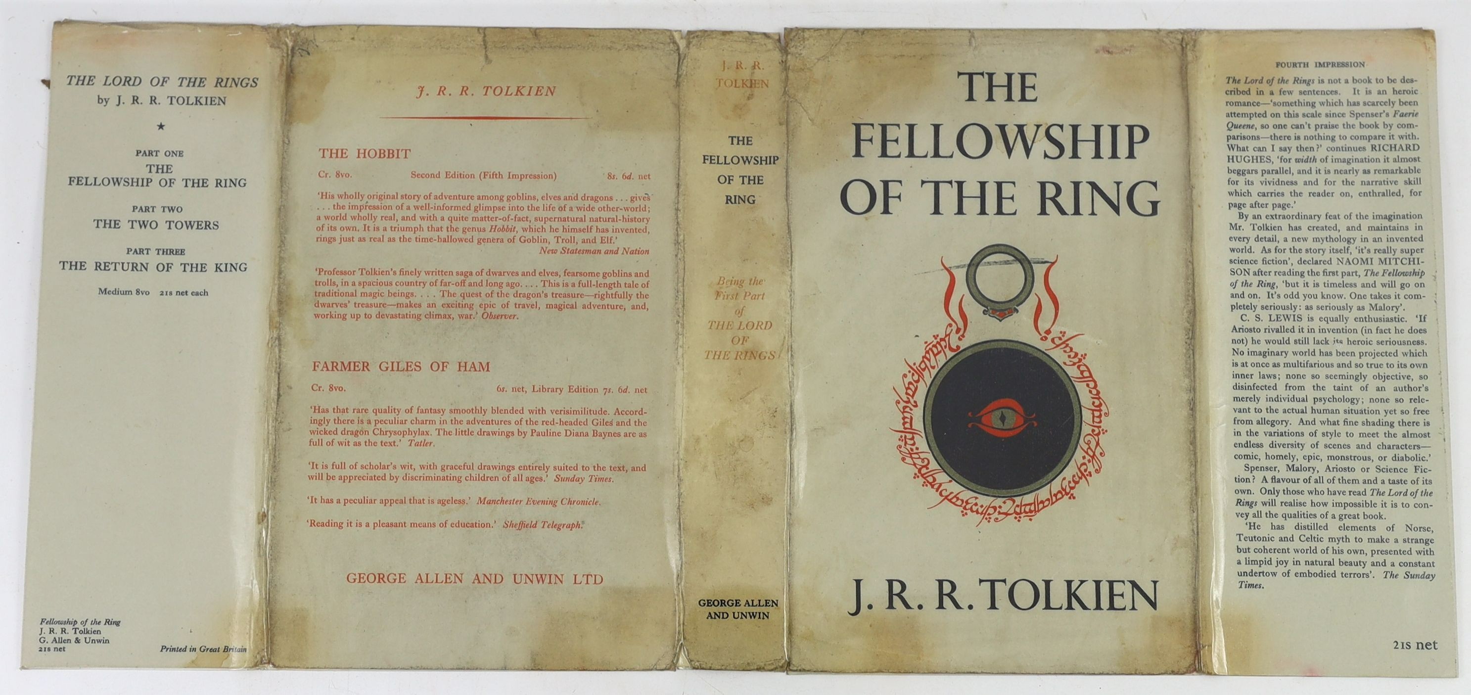 Tolkien, John Ronald Reuel - The Lord of the Rings, 4th impressions of The Fellowship of the Ring, in slightly torn and discoloured d/j, and The Two Towers, d/j torn in half and with 50% loss to spine, ownership inscript